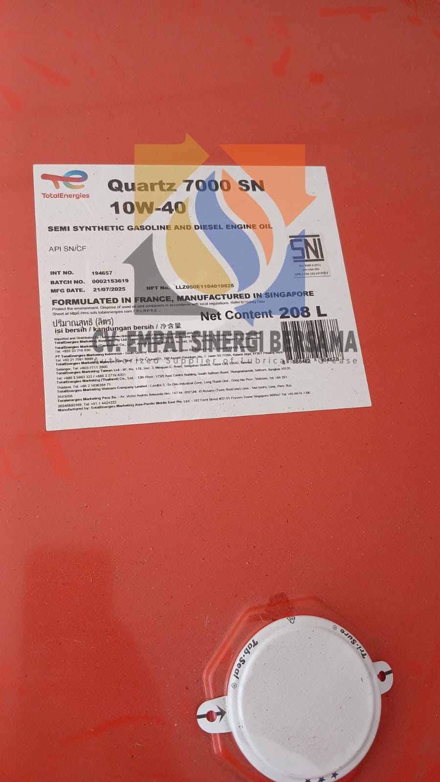 Total Quartz 7000 10W-40 Api SN/CF, Petroleum & Engine Diesel Oil, Drum 208 Lt